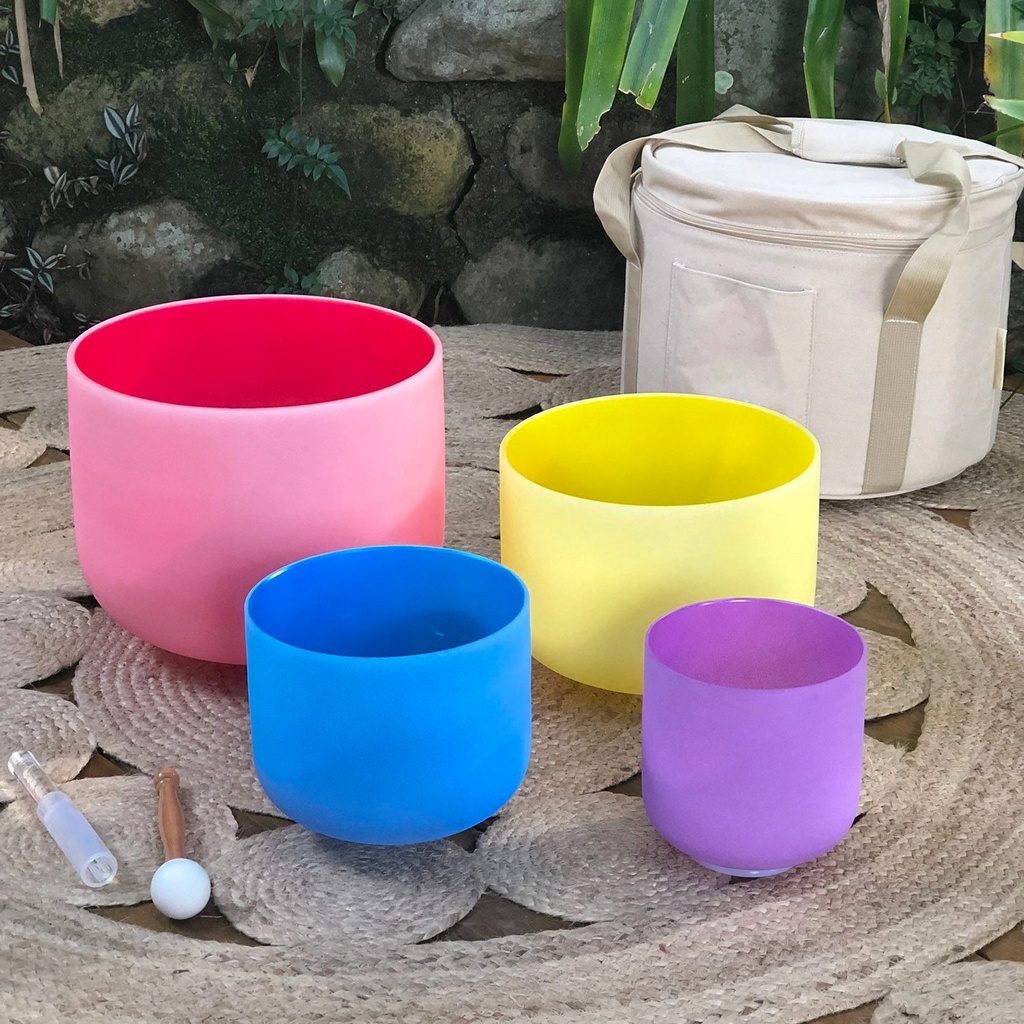 [FQB-006-1] Inside Colored Frosted Quartz Crystal Singing Bowls Half-Set (4 Bowls - C-E-G-B)