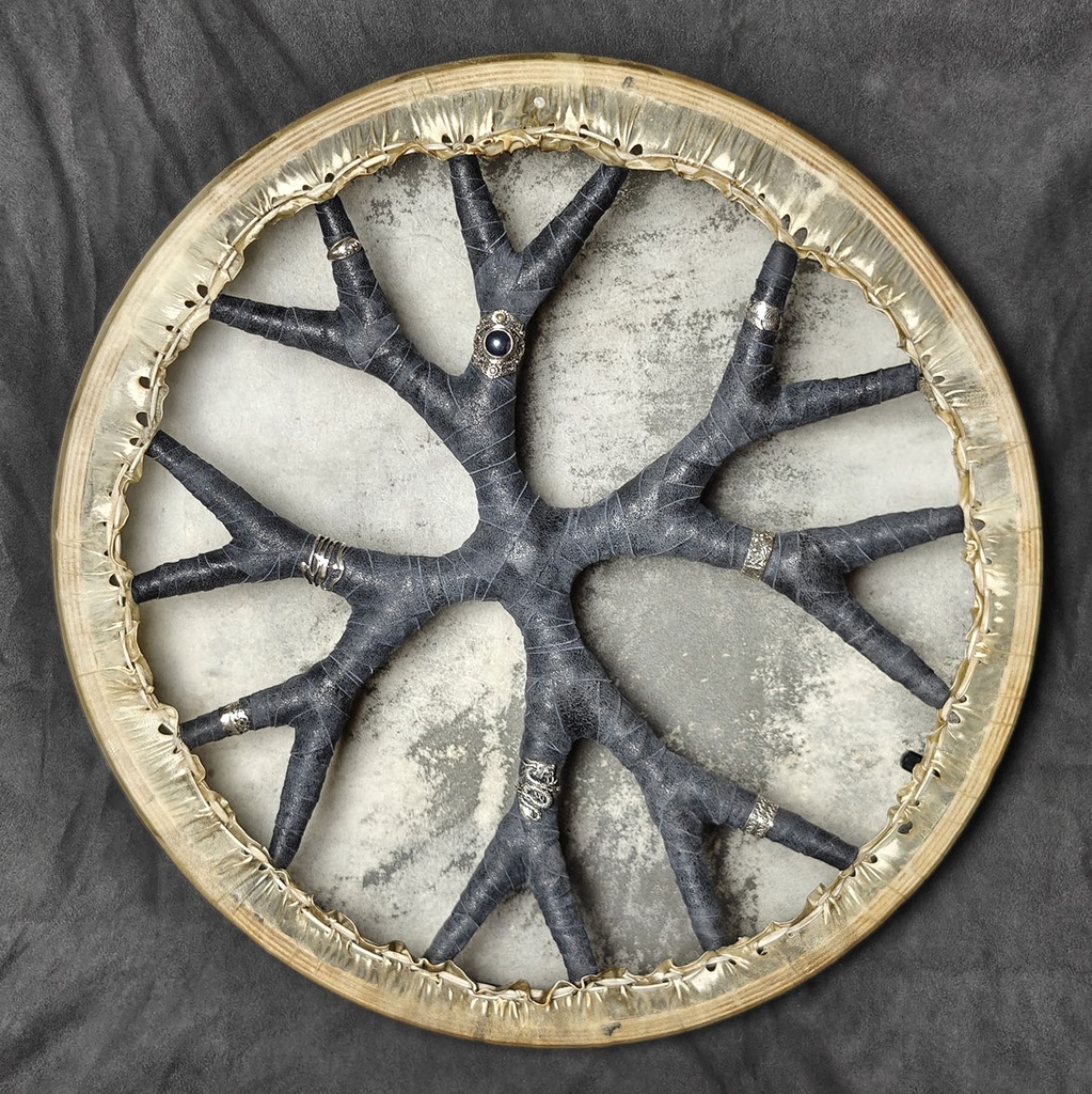 [SHD-076] Shamanic Drum With Leather & Silver 925 "Blue Smoke" (45 cm) (+ case)