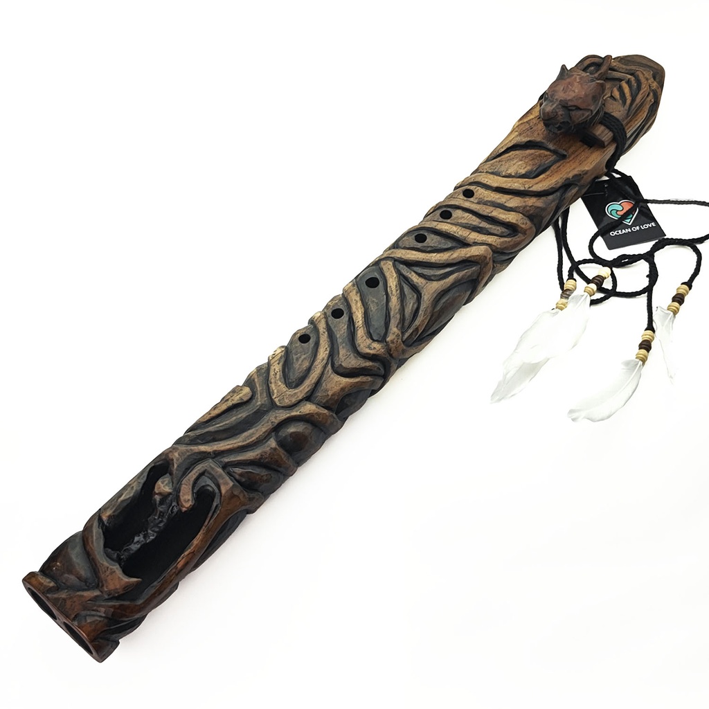 [FLT-159] JUANG FLUTES Drone Carved Flute "Tiger" - E4 Minor (432 Hz, 67 cm, Teakwood) (+ pouch)