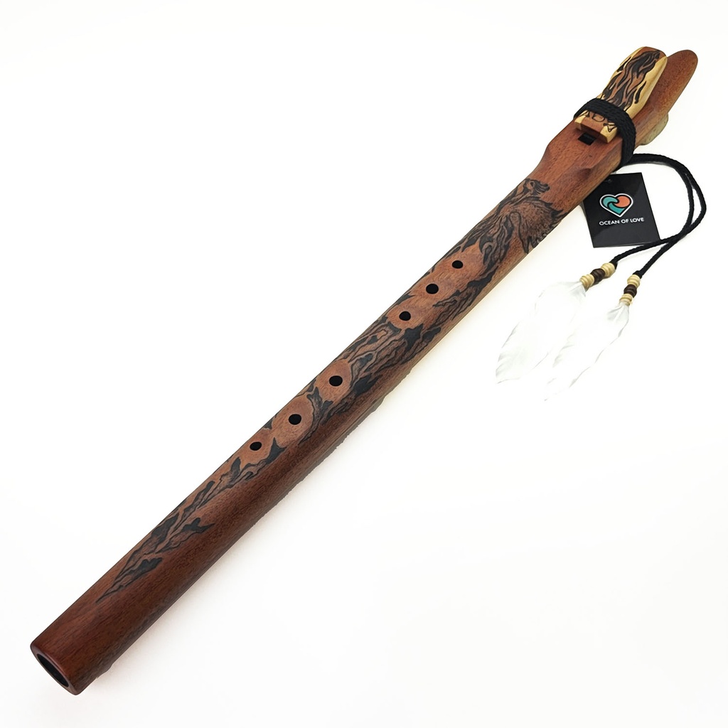 [FLT-157] JUANG FLUTES Single Carved Flute "Phoenix" - D4 Minor (432 Hz, 67 cm, Mahogany) (+ pouch)
