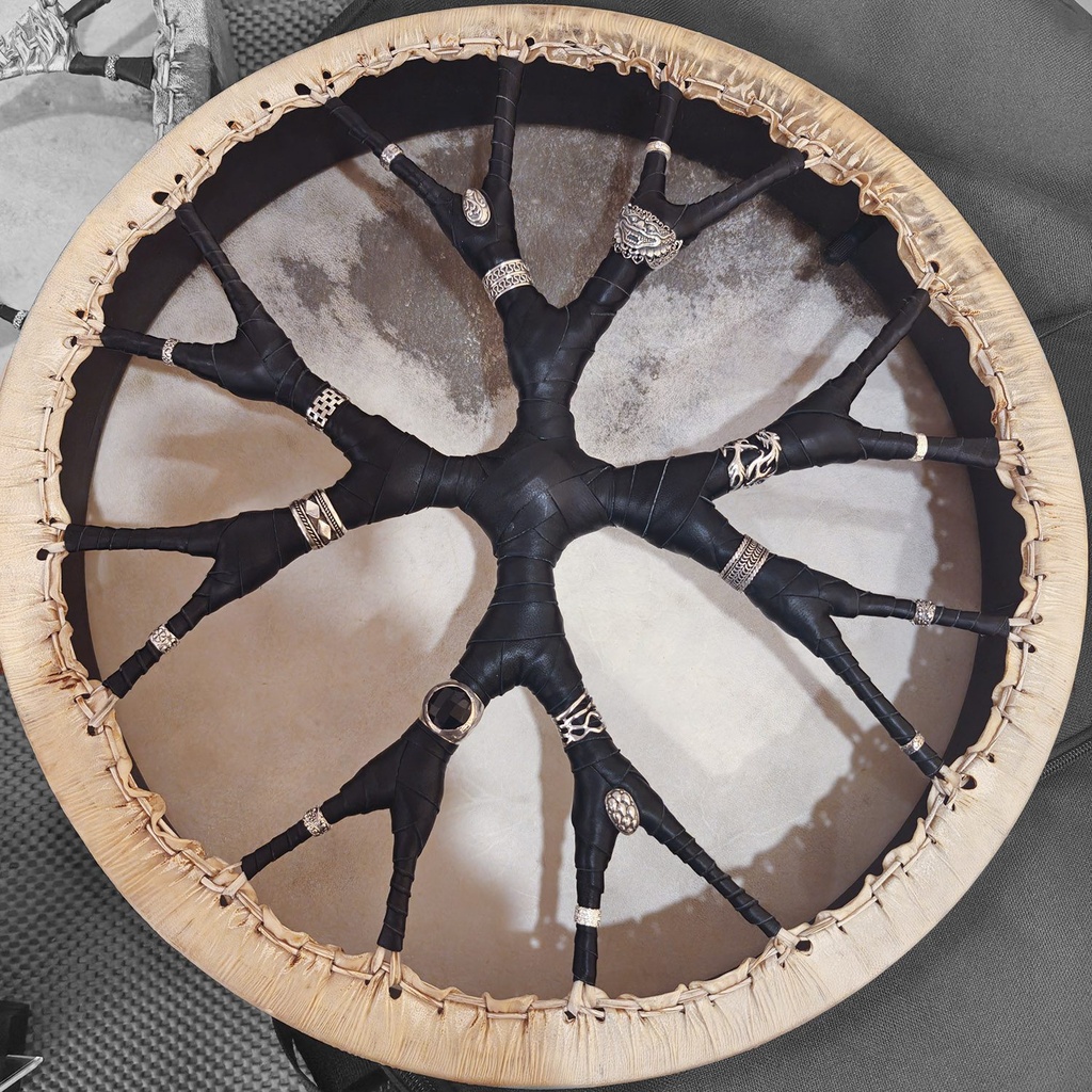 [SHD-057] Shamanic Drum With Leather & Silver 925 "Black Bali Face" (40 cm) (+ case)
