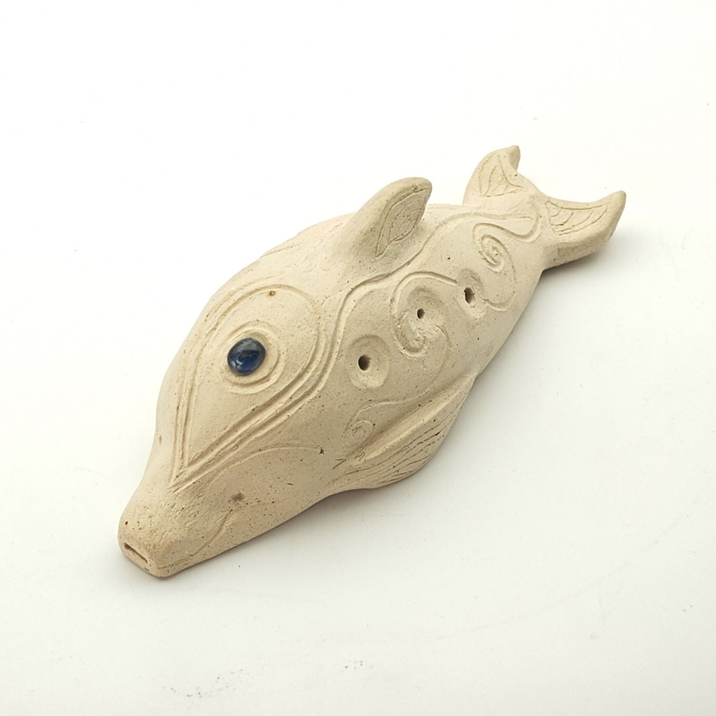 [FLT-135] Ocarina Handmade Ceramic "Dolphin" White Natural (+ pouch)