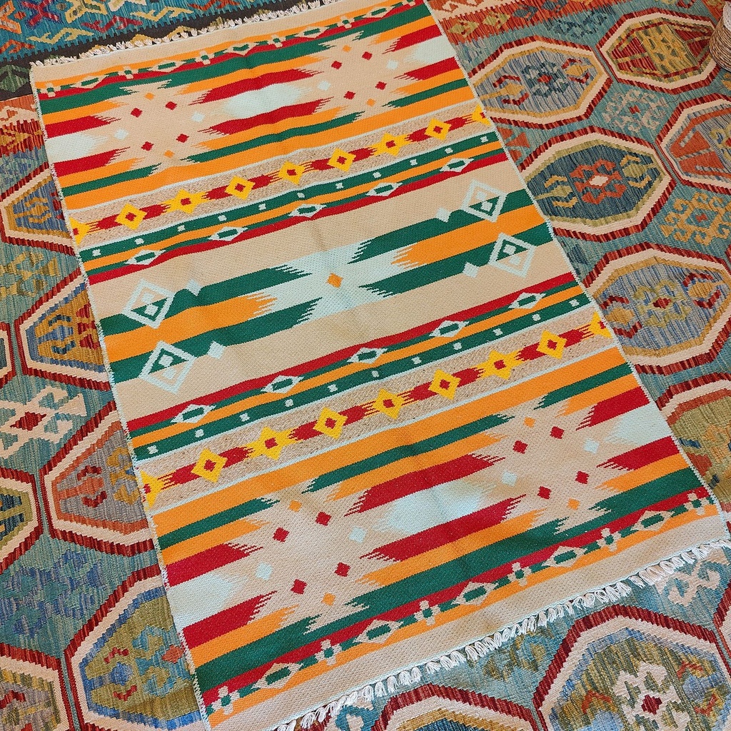 [SHB-046] Shamanic Mexican Handmade Cotton Blanket Green Beige (175x118cm)