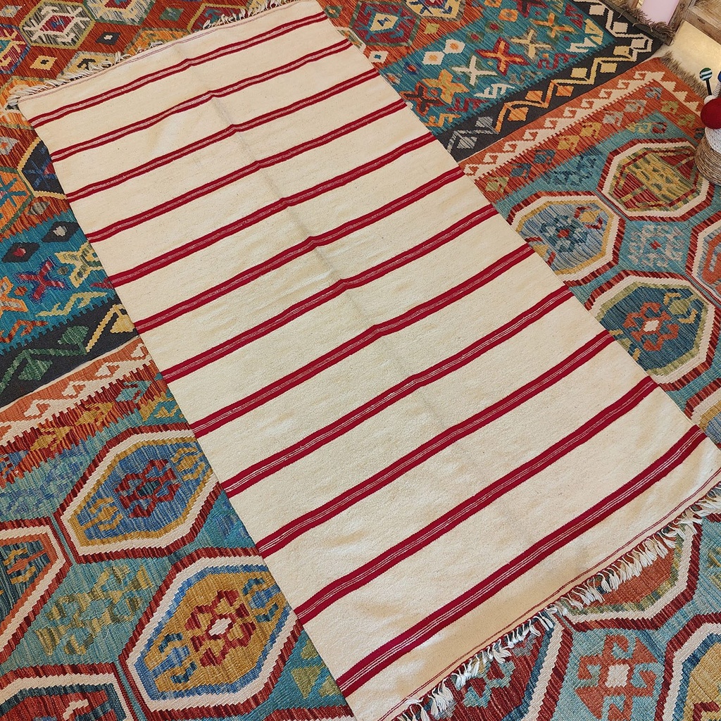 [SHB-031] Shamanic Mexican Handmade Wool Blanket White Red (206x105cm)